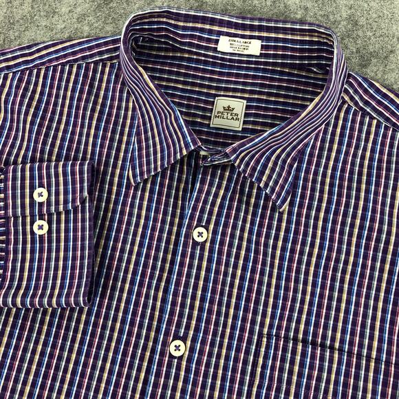 Peter Millar Mens Button Up Shirt XL Purple Multicolor Plaid Long Sleeve Cotton - Picture 1 of 10